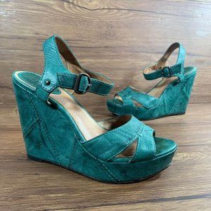 Frye Corrina Campus Green Leather Wedge Sandals Women’s Size 7.5